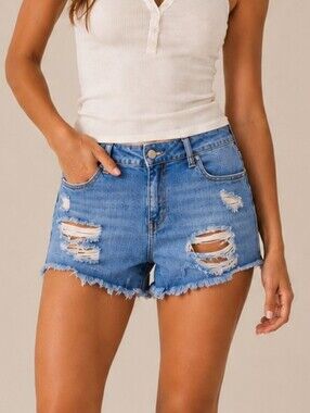 Just USA High Rise Ripped Denim Shorts Blue Womens 30 Festival Boho Cutoffs Y2K